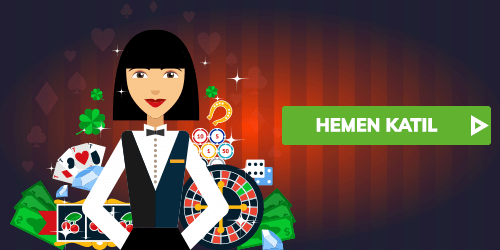 animasyon kadın, casino elementleri ve yeşil arka planlı hemen katıl görseli